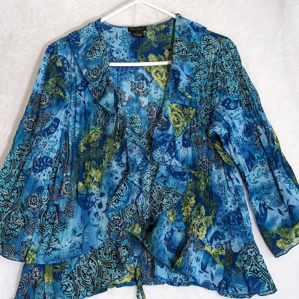 Nue Options Blue/ green sheer top jacket sz L length 23" Bust to 40"